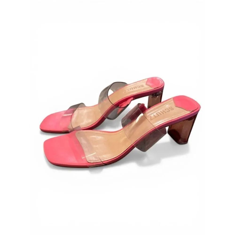 SCHUTZ Ariella Acrylic Mid Heel Mule Sandal Clear Vinyl Strap Pink